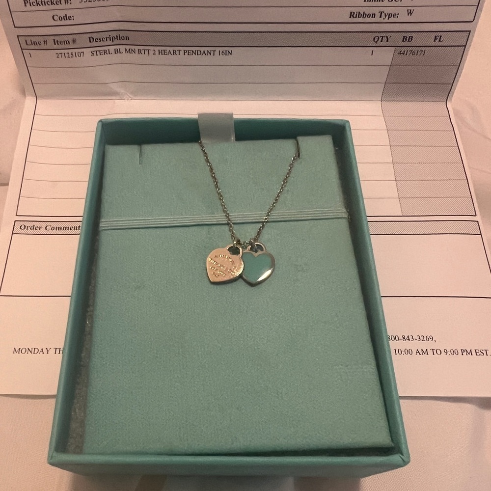 Tiffany & Co double heart pendant necklace. Never worn, but engraved "M&M".